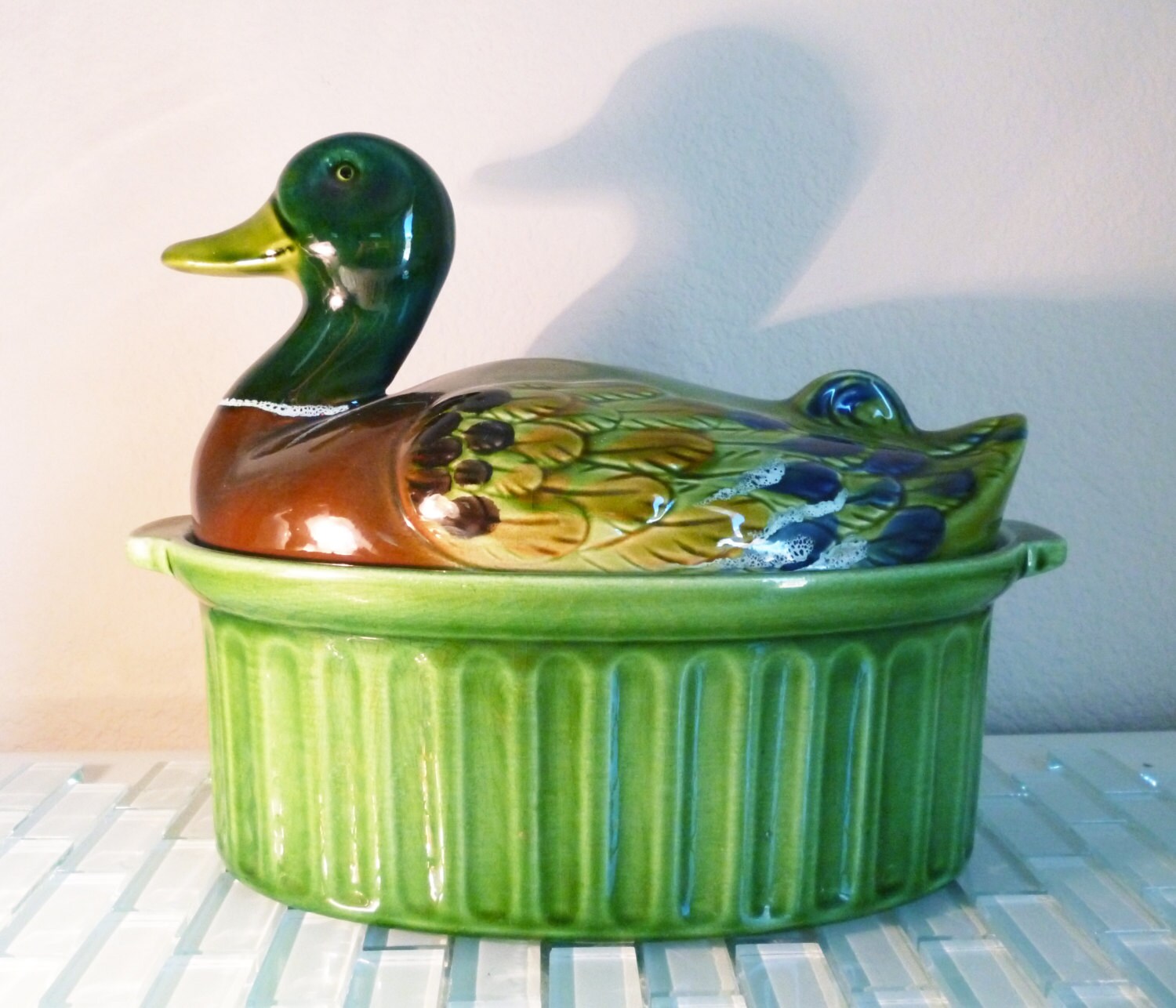 Vintage French Ceramic Casserole Duck Dish Lid Mallard Duck