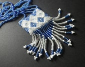 Summer Sale- Blue and White- Vintage Bead Woven- Amulet Bag- Tapestry Bag- Necklace- Gift for Her