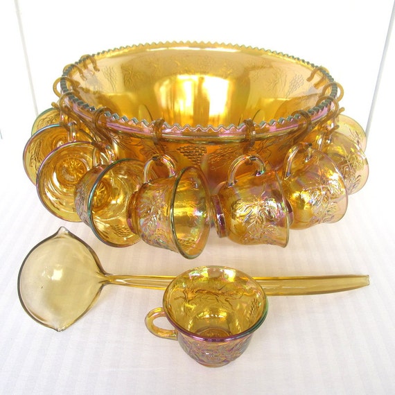 Iridescent Gold Carnival Glass Punch Bowl Set 26 Pieces
