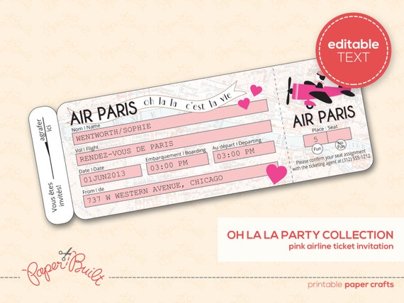 Printable Paris Party Airline Ticket Invitation By Paperbuiltshop