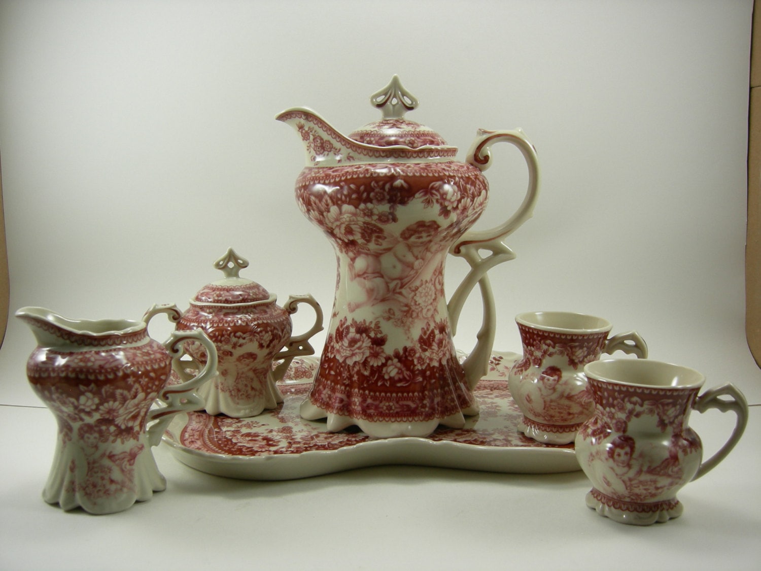 Art Nouveau Victorian Design Teapot Two Teacups Sugar and