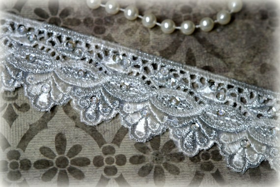 Ivory and Silver Lace Trim with Sequins Detailes for Bridal, Costume Design, Lace Jewelry, Millinery Design, Crafting LA-151