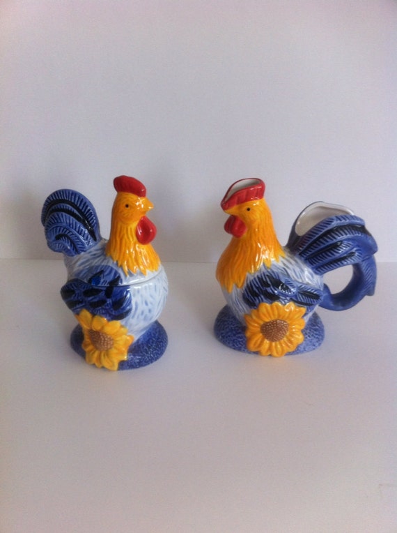 Vintage Rooster and Hen Creamer and sugar set Avon