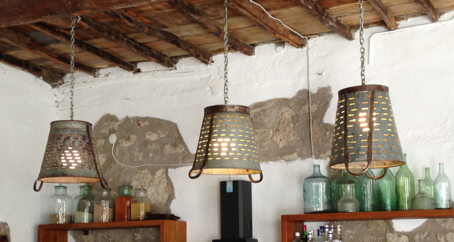 Rustic Metal Olive Bucket Basket Lamppendant Lightingrustic Zoom