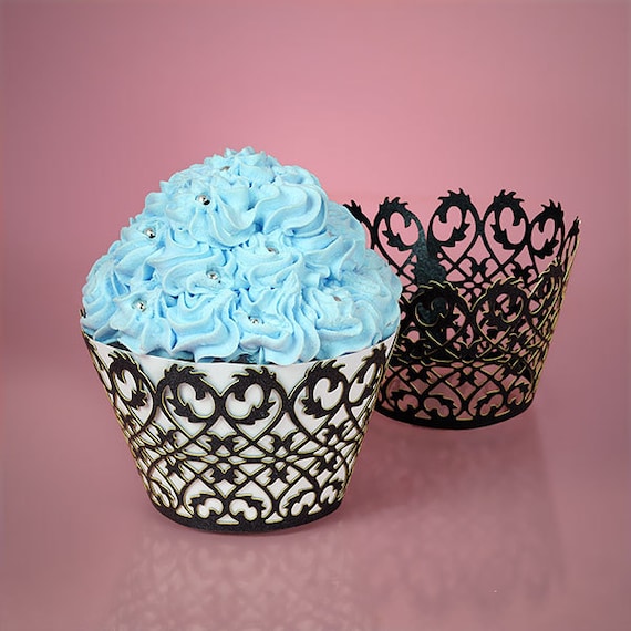 50 Black Lace Cutout Cupcake Liners Lace Damask by SparkleSoiree