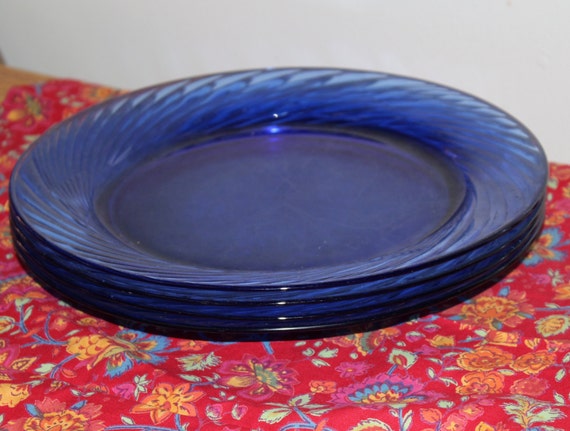 Vintage Blue Glass Dinner Plate Set Of Four