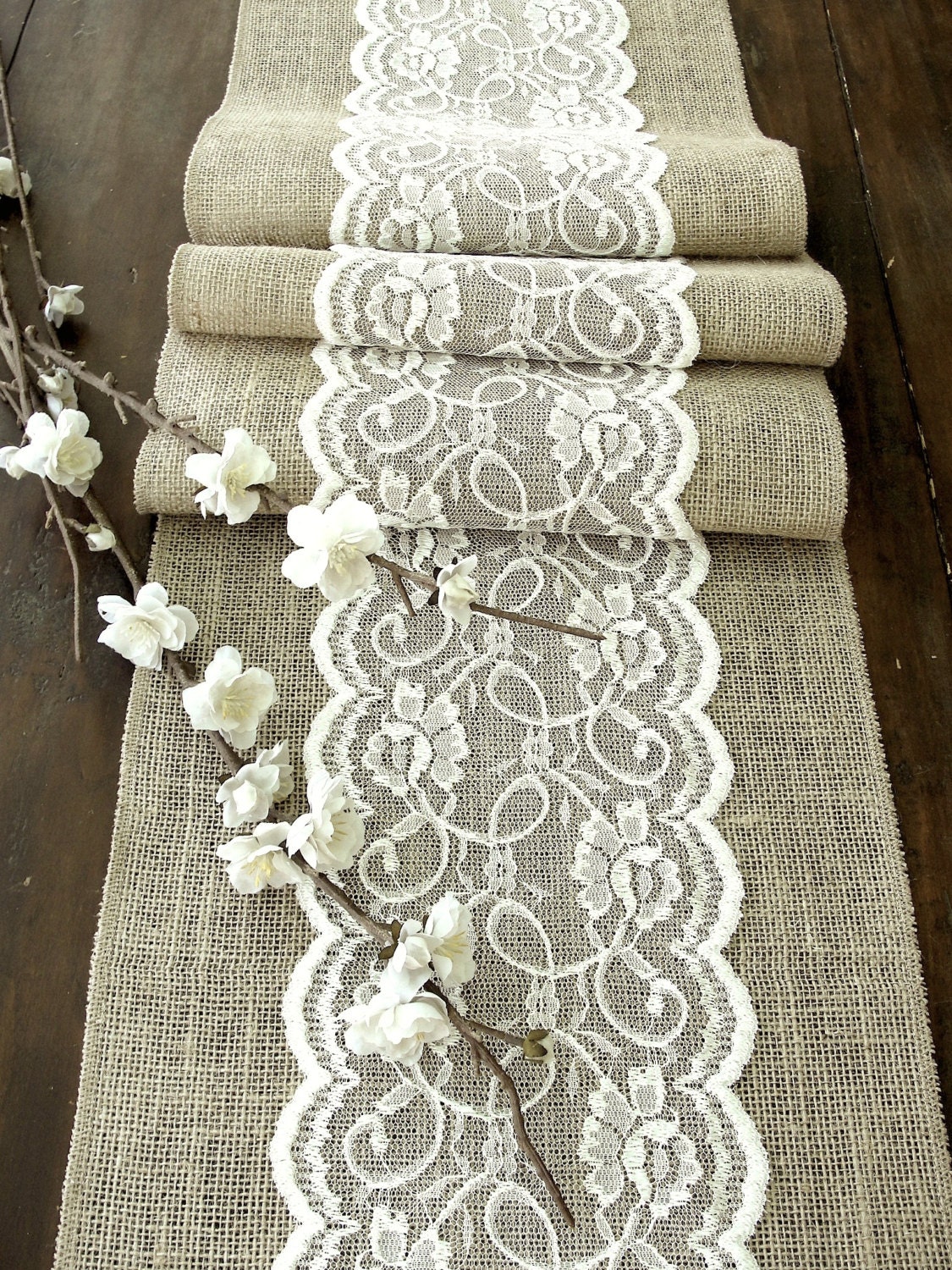 Wedding table runner with ivory lace rustic chic Christmas