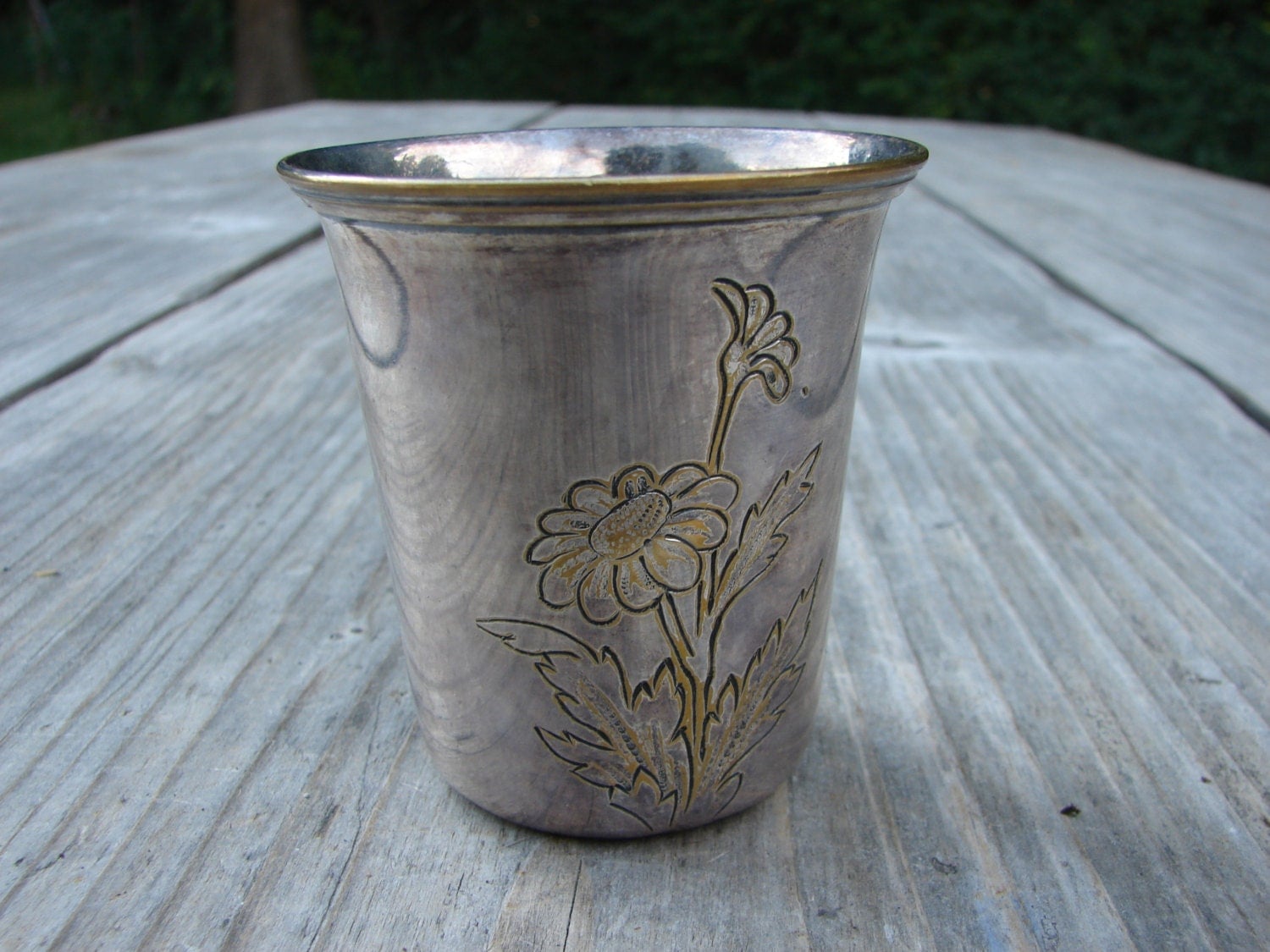 Scandinavian vintage Silver Plated Stamped small Drinking Cup with engravings / old Pitcher with