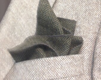 Dark green herringbone tweed handkerchief / pocket square
