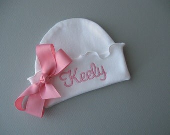 Personalized Newborn Baby Hat, Bright Pink Bow, Newborn Hat, Hospital Hat, Hat, Baby Hat, Ruffled Hospital Hat, Baby Beanie, Hospital Beanie