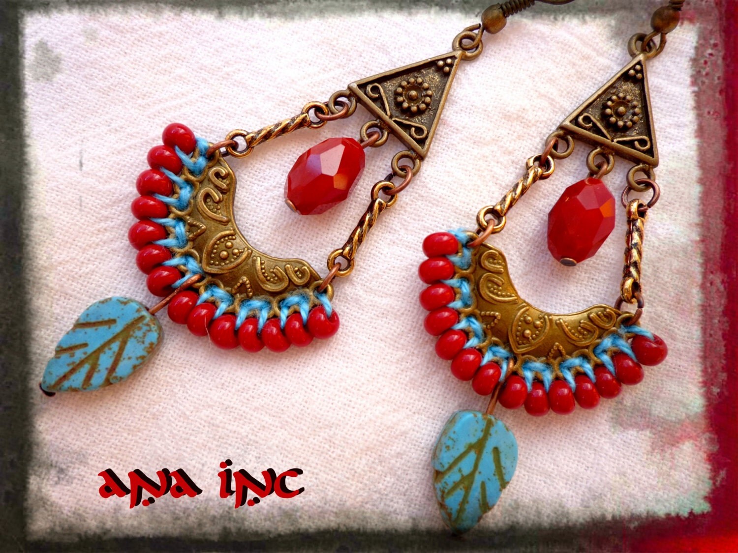 red indian crochet earrings turquoise native earrings Nepal