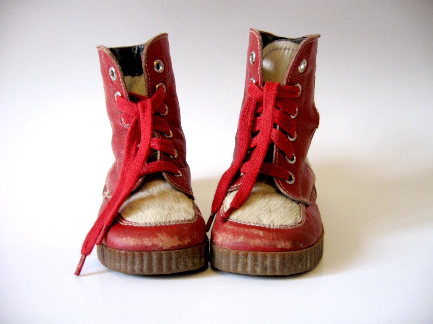 Vintage Baby Boots Seal Skin Leather Booties Red White Shoes