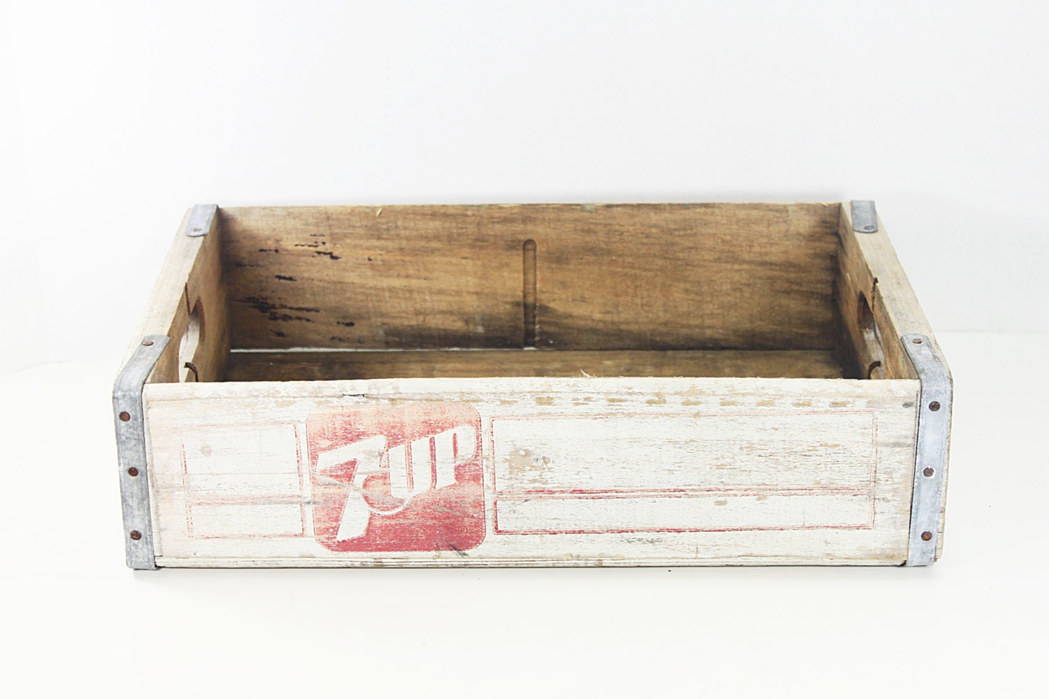Vintage 7 Up White Painted Wooden Crate for 24 Bottles