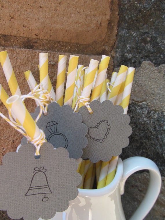 12 Yellow Stripe Paper Drinking Straws with  Gray Tags Perfect for Weddings. Bridal Showers.