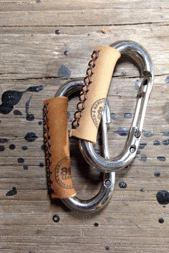 Carabiner leather wrapped keychain Key ring Key fob Tan