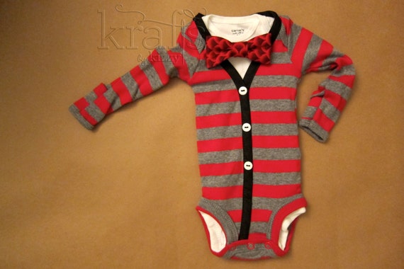 Items similar to Baby Boy Red/Gray Stripe with Black Cardigan Outfit ...