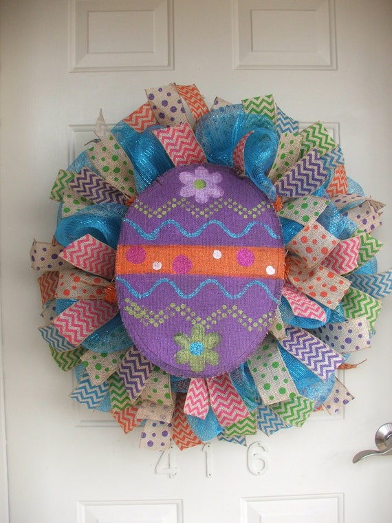 Easter Egg, Easter Burlap Wreath, Easter Mesh Wreath, Easter Wreath with Polka Dots and Chevron Ribbon