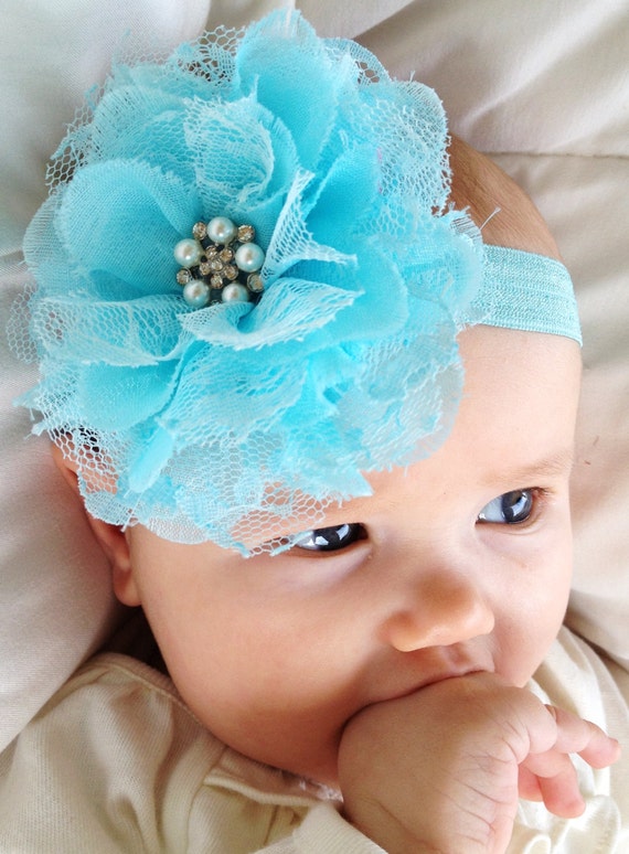 Items similar to Aqua Blue Chiffon & Lace Flower Headband with