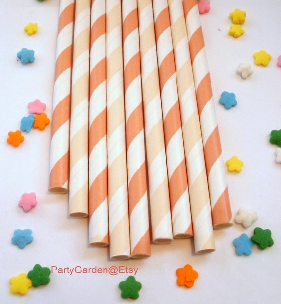 25 Peaches and Cream Striped Paper Straws - With Free Printable DIY Flags Il_570xn