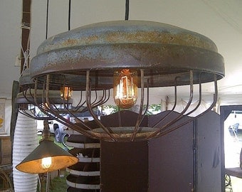 Vintage Industrial Pendant Light made from Relcaimed Chicken Feeder