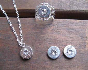 357 Bullet Jewelry Set with Earrings, Necklace and Ring with Swarovski Crystal Accents - Small Thin Cut - Bullet Jewelry