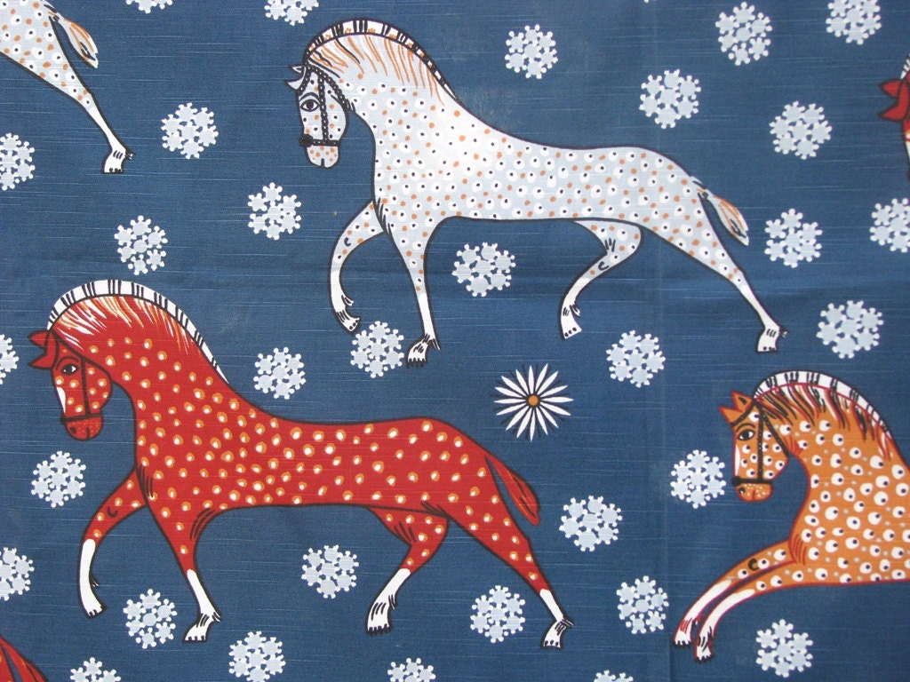 Rare Vintage IKEA Cotton Fabric with horses print. 2 Yard.
