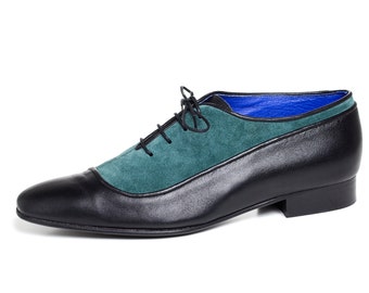Mens Oxford Shoes - Flat Shoes - Mens Leather Shoes - Mens Shoes - Mens leather black shoes green suede oxford dress Shoes