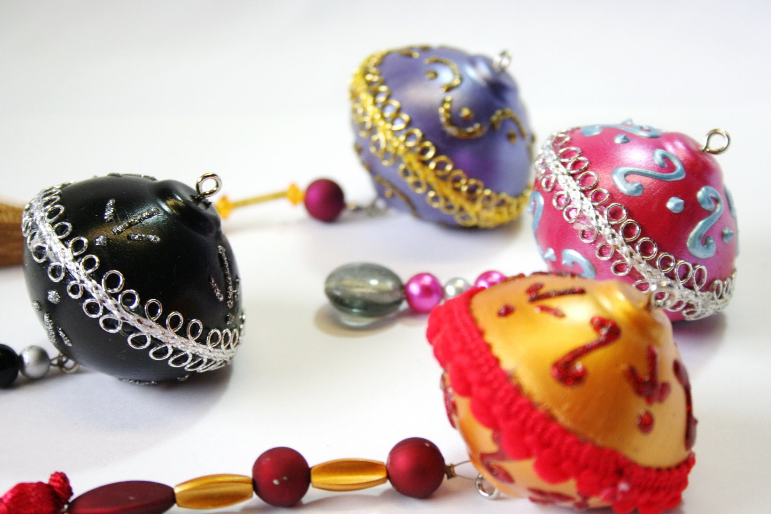 CIJ Sale, 4PC Designer Ornament Set, Handmade Christmas Ornaments, Plaster of Paris Ornaments, Set 6