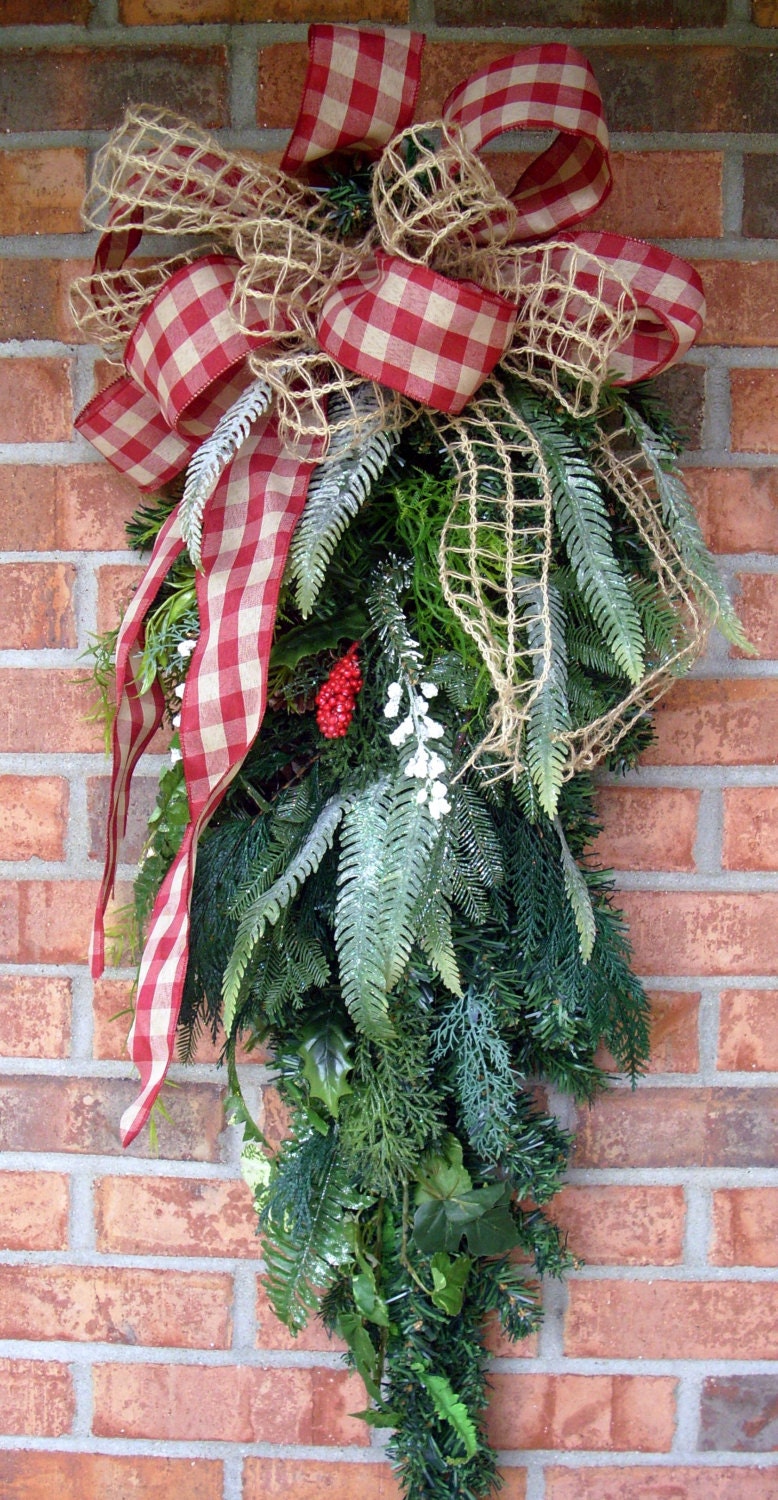 Christmas teardrop swag made with red checked and burlap