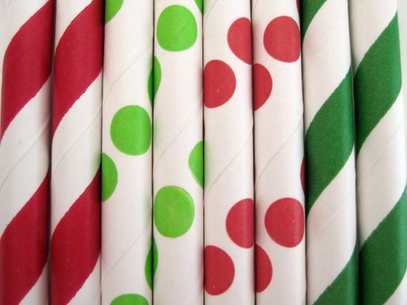 Christmas Red and Green Paper Straw Mix - Stripe & Dot - ships less than 24 hours Il_570xn