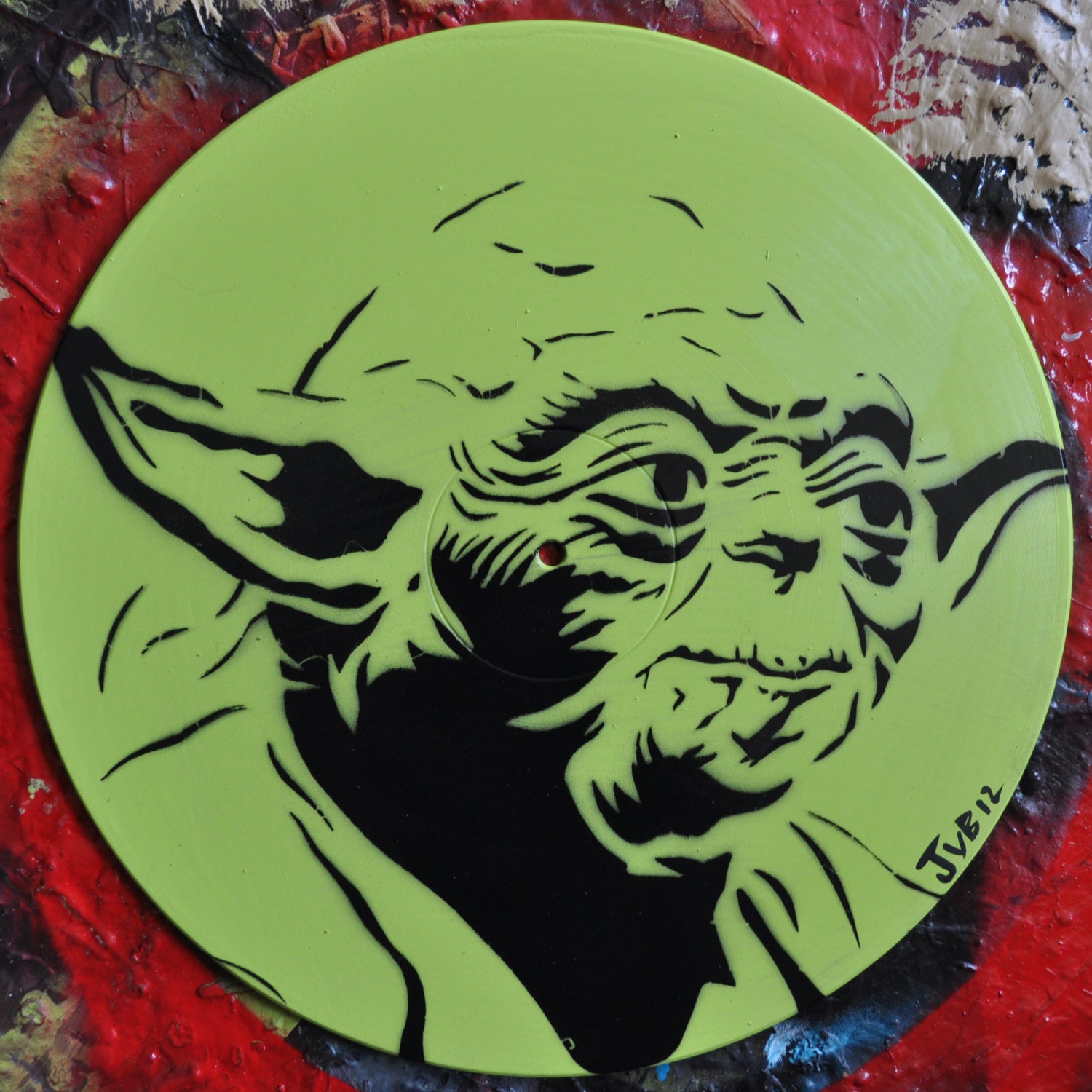 yoda stencil portrait on repurposed vinyl record