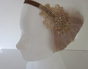 CHAMPAGNE Wedding Headpiece, 1920s Hair Accessory, San Francisco Flapper Headband Beige OR Black Feather Headpiece, Beaded Fascinator