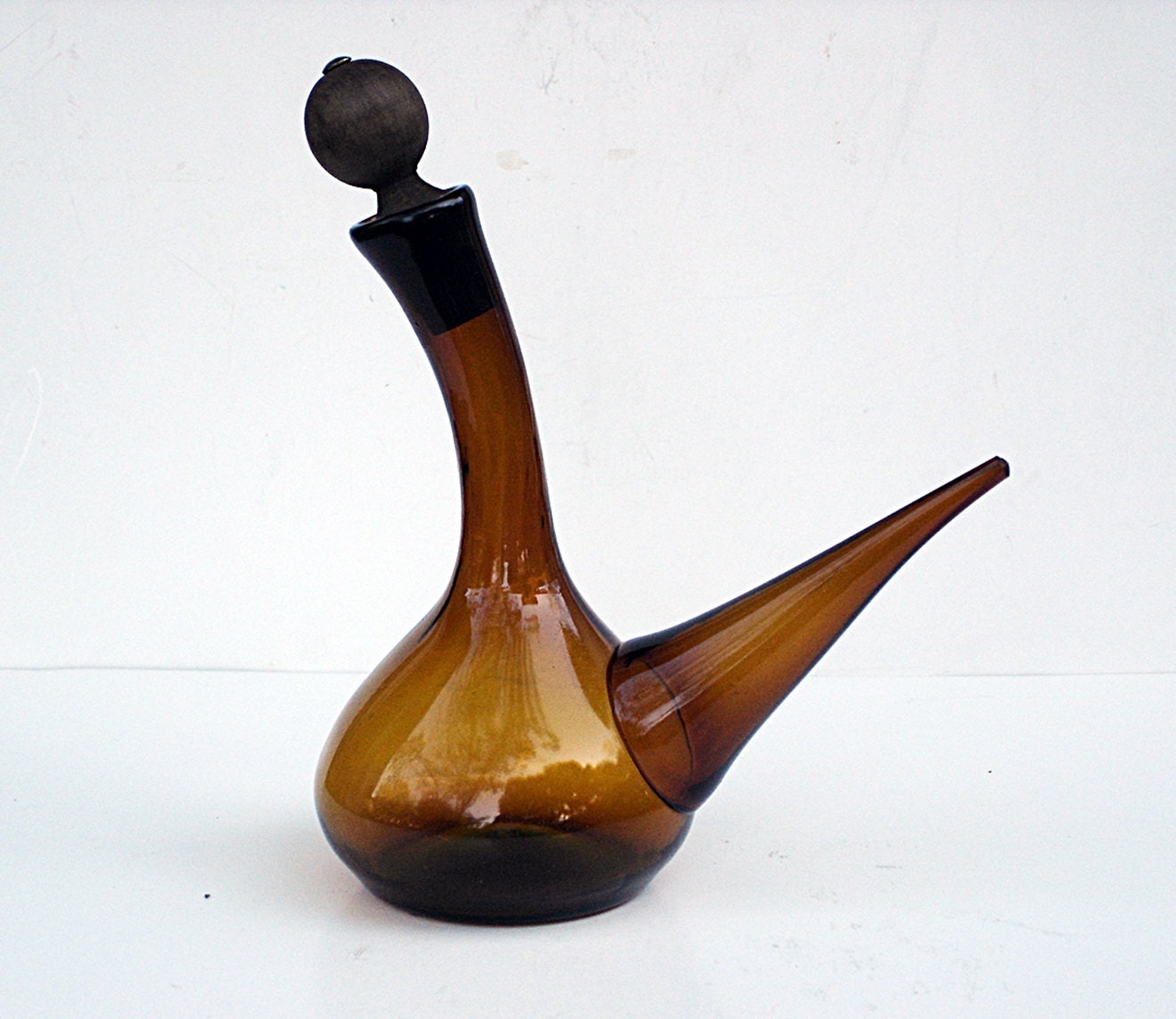 Vintage Hand Blown Amber Glass Spanish Porron Wine Decanter