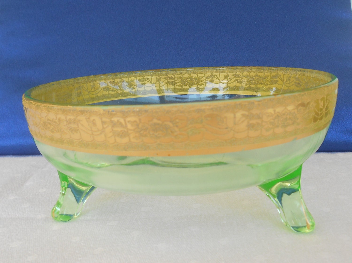 Vintage Vaseline Glass Bowl Green with a by TollethHouseVintage