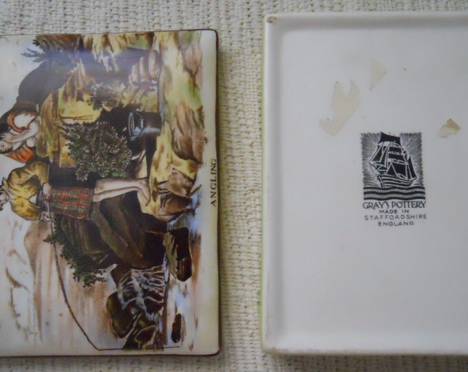 Vintage Gray's Pottery Trinket Box, Hand-Painted Box with Fishing Scene