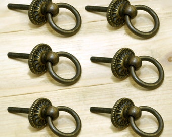Lot of 6 pcs Vintage Round Ring Solid Brass Antique Cabinet Drawer KNOB Pulls P107