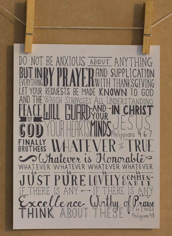 Philippians 4:6-8 Hand Lettered Scripture Verse Print 8x10