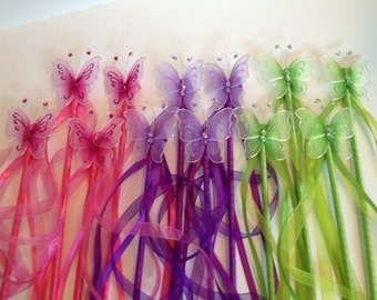 Fairy Wands, Fairy Princess Butterfly Wand Party Favors, Purple, Pink & Green, Set of 12, with Ribbon Streamers