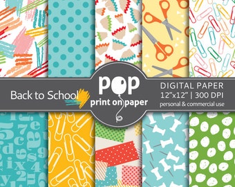 Back to School digital paper - 10 papers - 12x12 inches - 300 DPI - Personal & Commercial use - for Kids, Fun crafts and cards