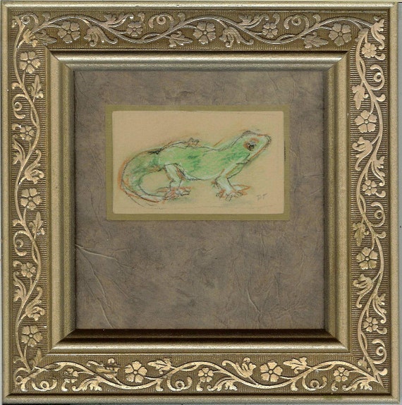 Items Similar To Original Pastel Charcoal Drawing Of Lizard   Gekko 