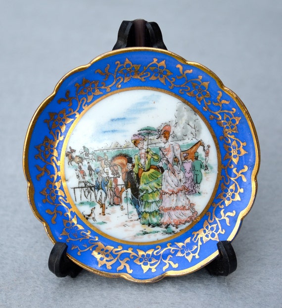 Blue Limoges Mini Plate with Stand Vintage Gold Trim