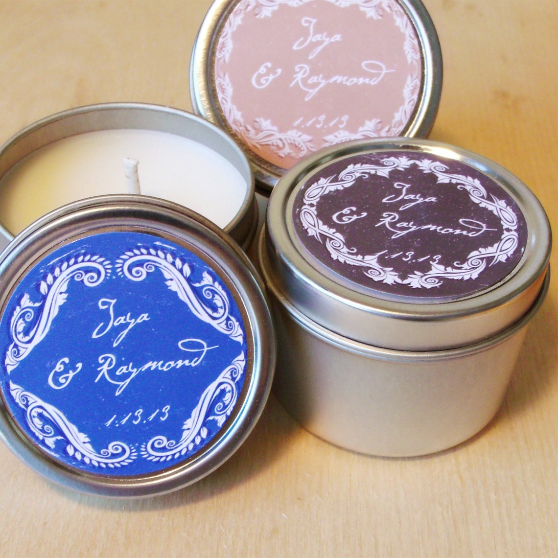 25 Custom Wedding Candle Favor 2oz Tins with Custom Labels