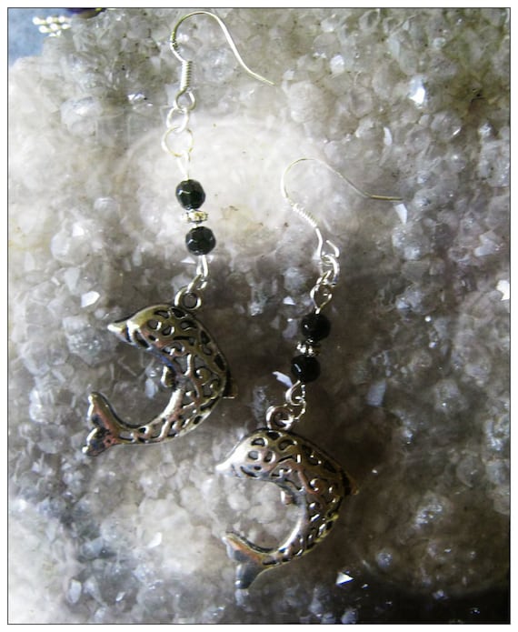 Handmade Silver Earrings with Dolphins & Facetted Black Onyx by IreneDesign2011