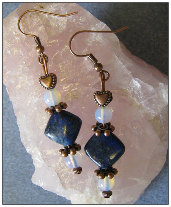 Handmade Copper Earrings with Lapis Lazuli, White Opal & Heart by IreneDesign2011