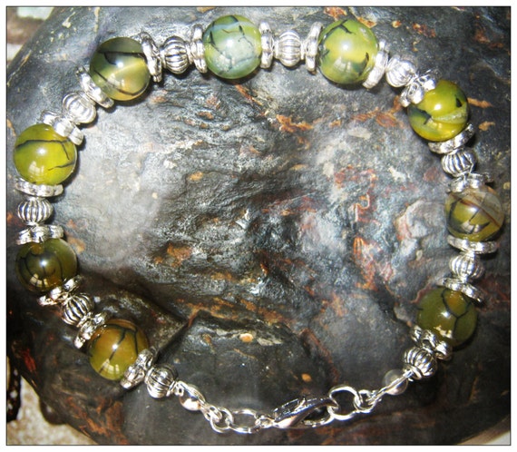 Beautiful Handmade Silver Bracelet with Green Dream Dragon Fire Vein Agate by IreneDesign2011
