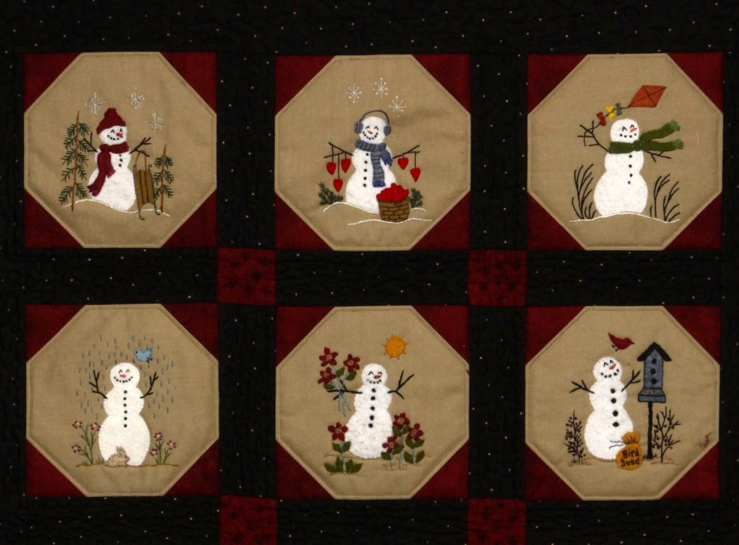 Warm Fuzzy Snowmen Quilt 12 Wool Applique Blocks & Quilt