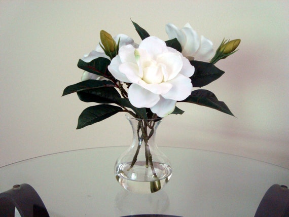 Items similar to White Gardenia Silk Flower Arrangement in Glass Vase ...