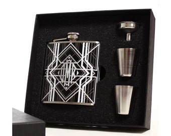 2 Hip Flask Gift Sets, Monogrammed Art Deco Flasks