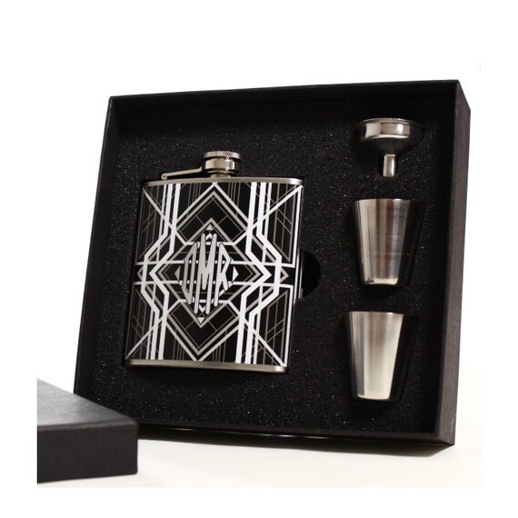 2 Hip Flask Gift Sets Monogrammed Art Deco Flasks