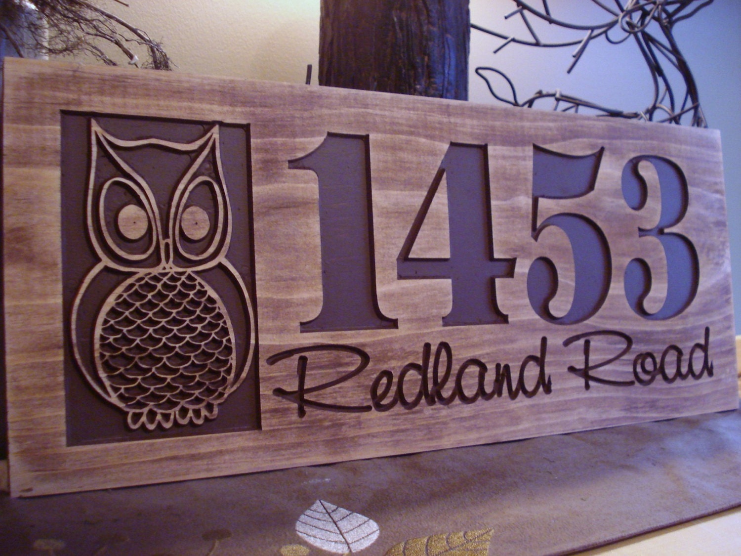 Carved Wooden Owl Address Sign Nature inspired Owl